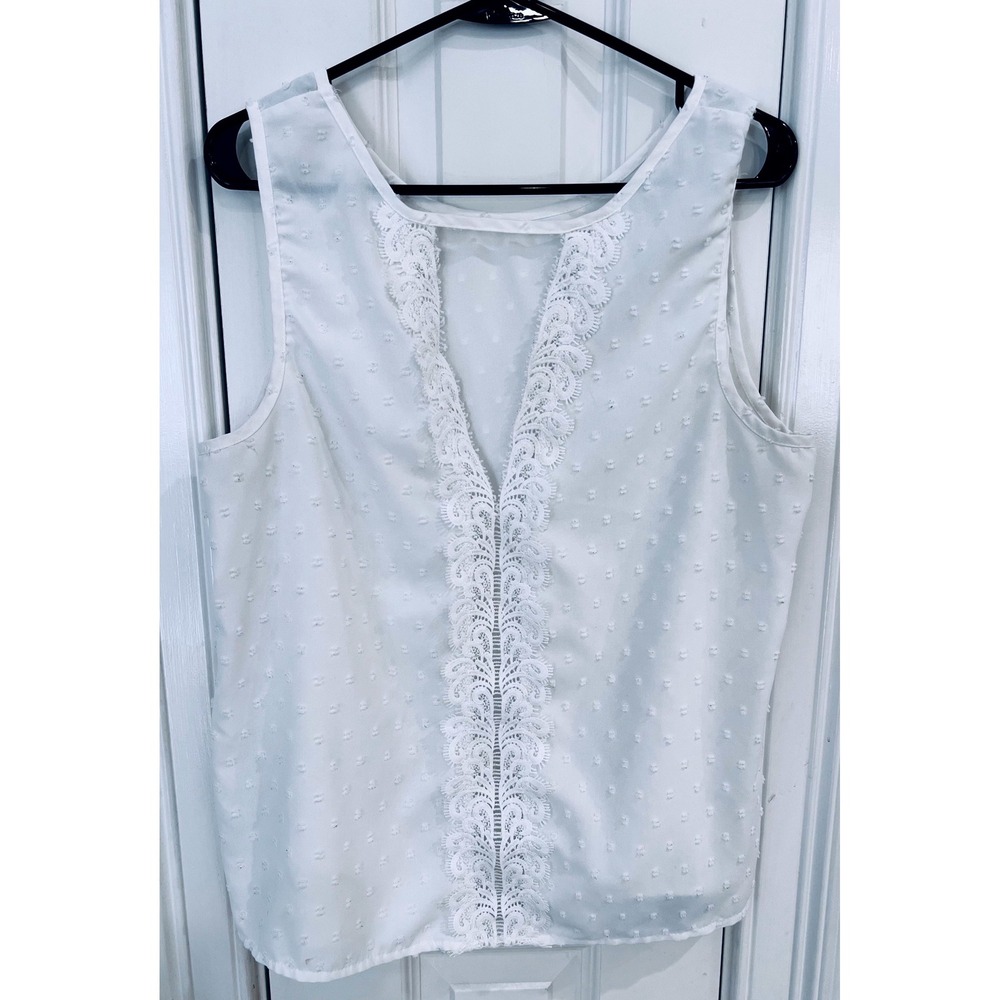 Shein Curve White Swiss Dot Lace Trim‎ Sleeveless V-Neck Blouse Top 1XL